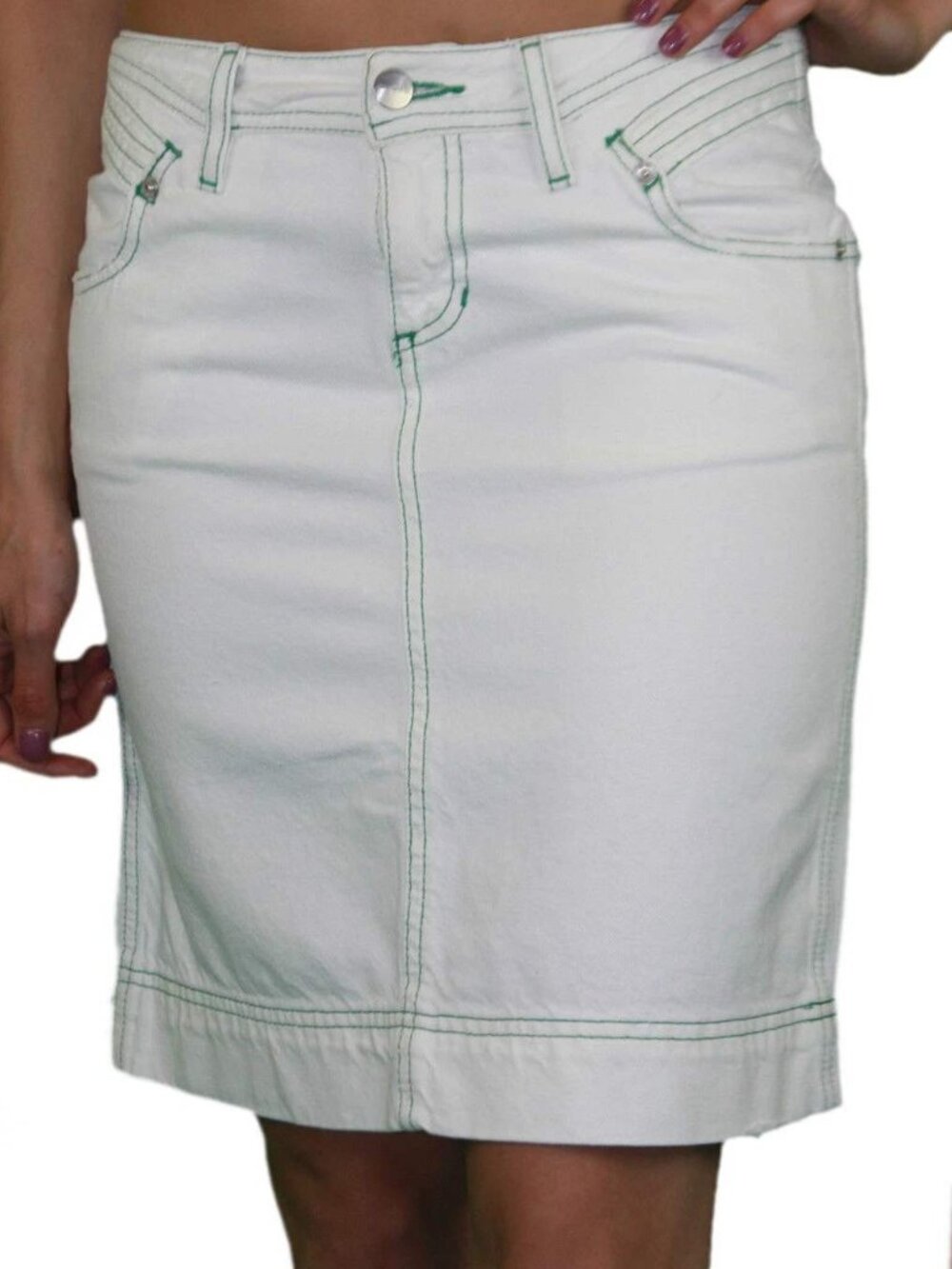 Custo Barcelona White Jean Skirt with Green Stitching EU42 Women's Med/Lg